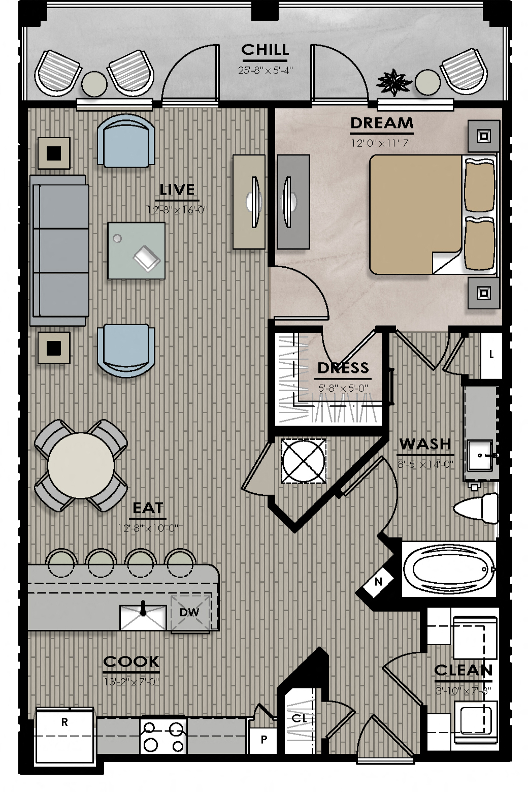 Floor plan for 1 bed, 1 bath, 907 sqft